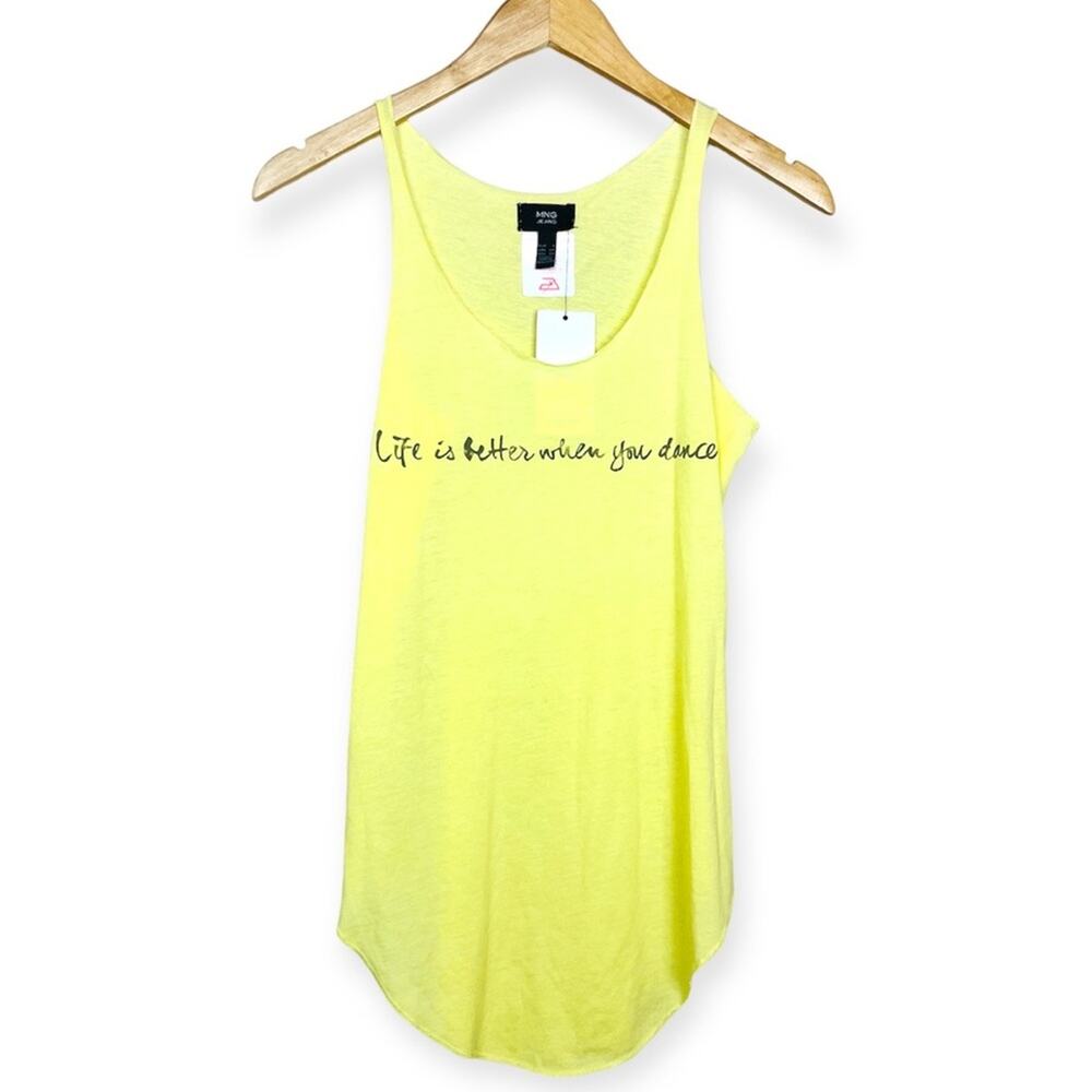 MANGO MNG Life Is Better When You Dance Yellow Tank XS/S NWT Sheer Pullover